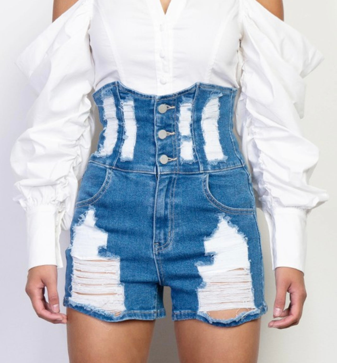 High Rise Distressed Denim Shorts