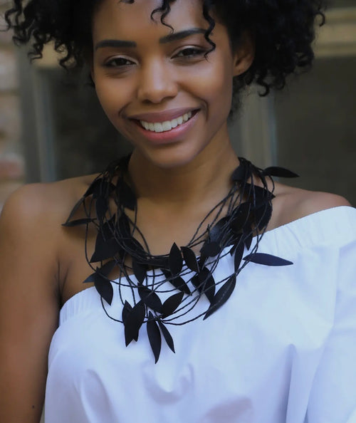 • Handmade Leather Leaf Women Necklace and Earrings Set.