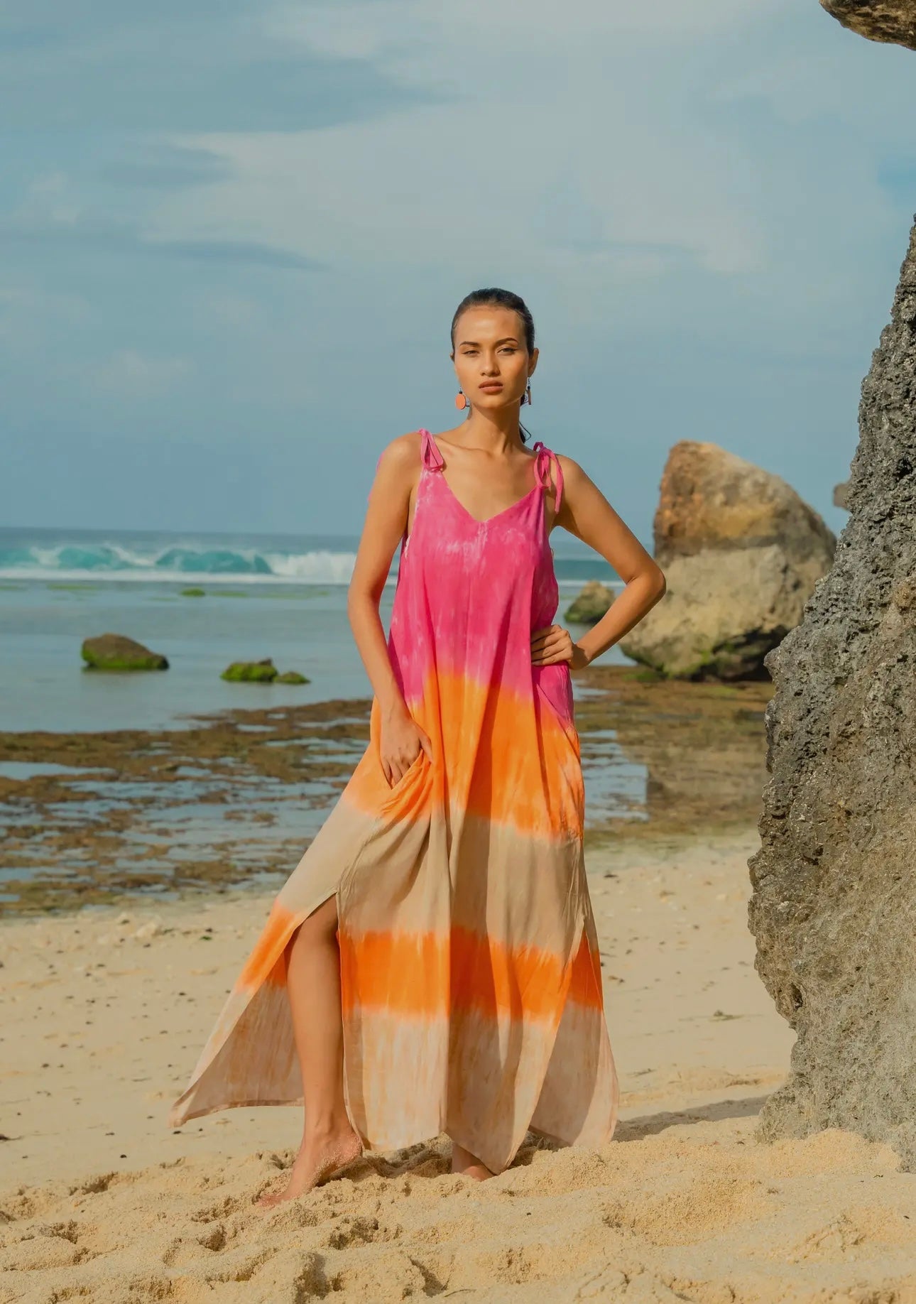 Ombre Strped Tie Shoulder Dress - Pink & Orange