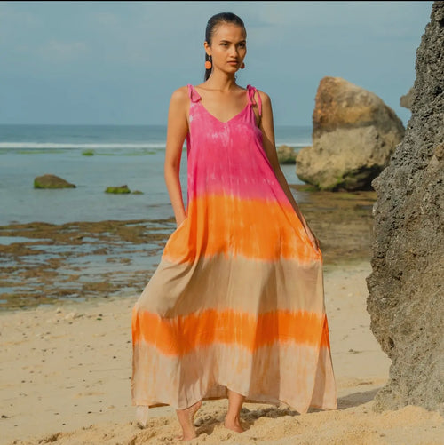 Ombre Strped Tie Shoulder Dress - Pink & Orange