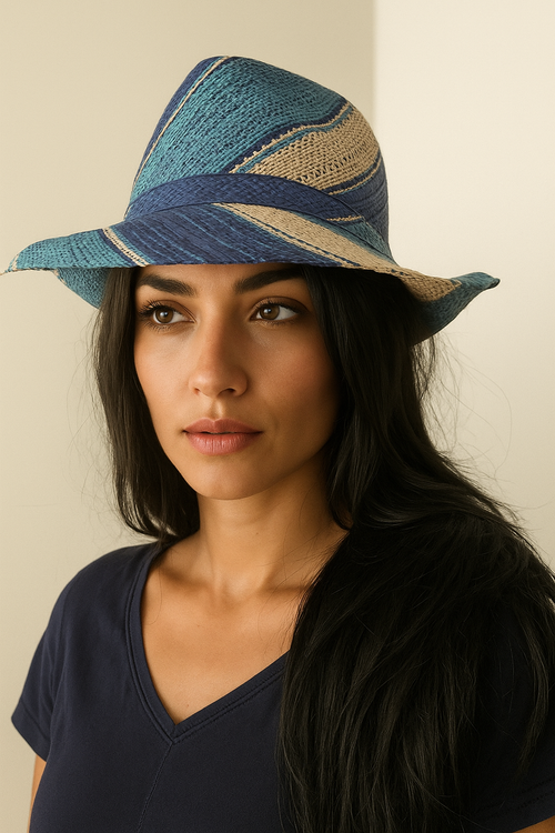 Raffia Straw Fedora: Blue