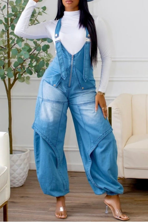 Wide-leg Zip Front Denim Overalls