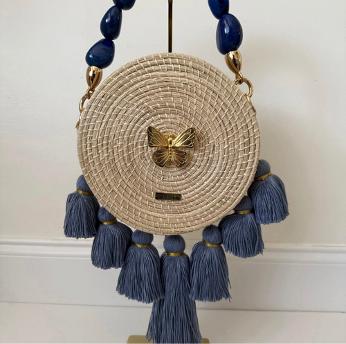 Iraca Palm flat raw Dark Blue-Gray Tassels + Butterfly Charm