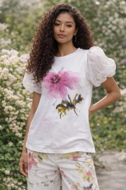FLOWER PRINT PUFF SLEEVE TOP