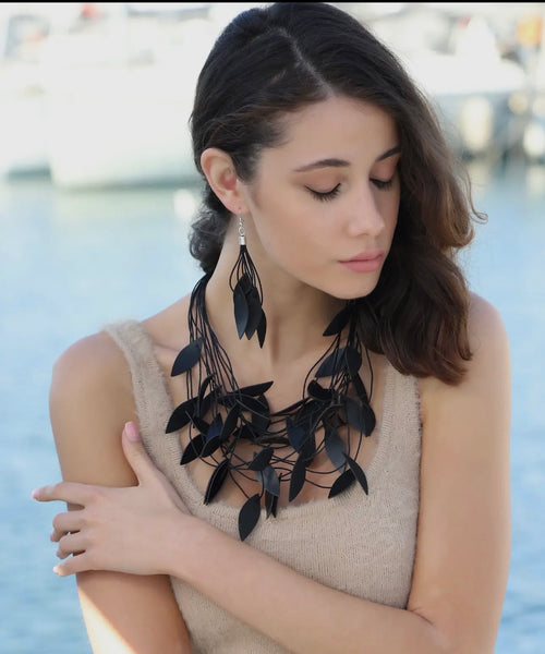 • Handmade Leather Leaf Women Necklace and Earrings Set.