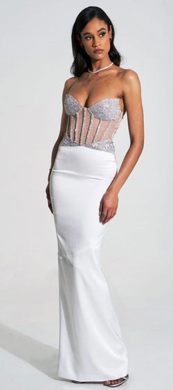 White Crystal Corset Satin Gown