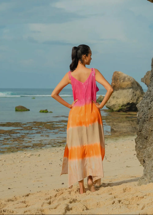 Ombre Strped Tie Shoulder Dress - Pink & Orange