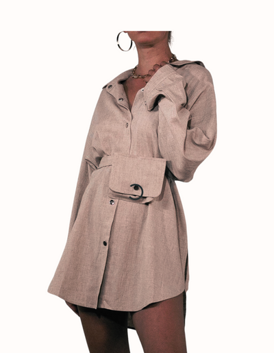 Linen Shirt Dress with Belt Pocket